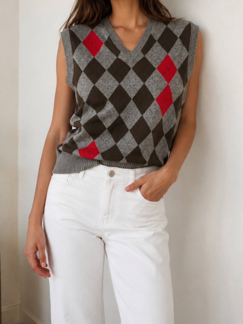 Esprit Womens Large Sweater Vest Gray Green Red Argyle 100% Cotton V-Neck Y2K